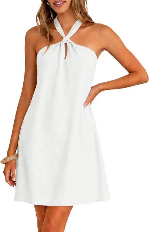IHOT Women's Halter Neck Mini Dress Sleeveless Boho Flowy A-Line Beach Vacation Sundress
