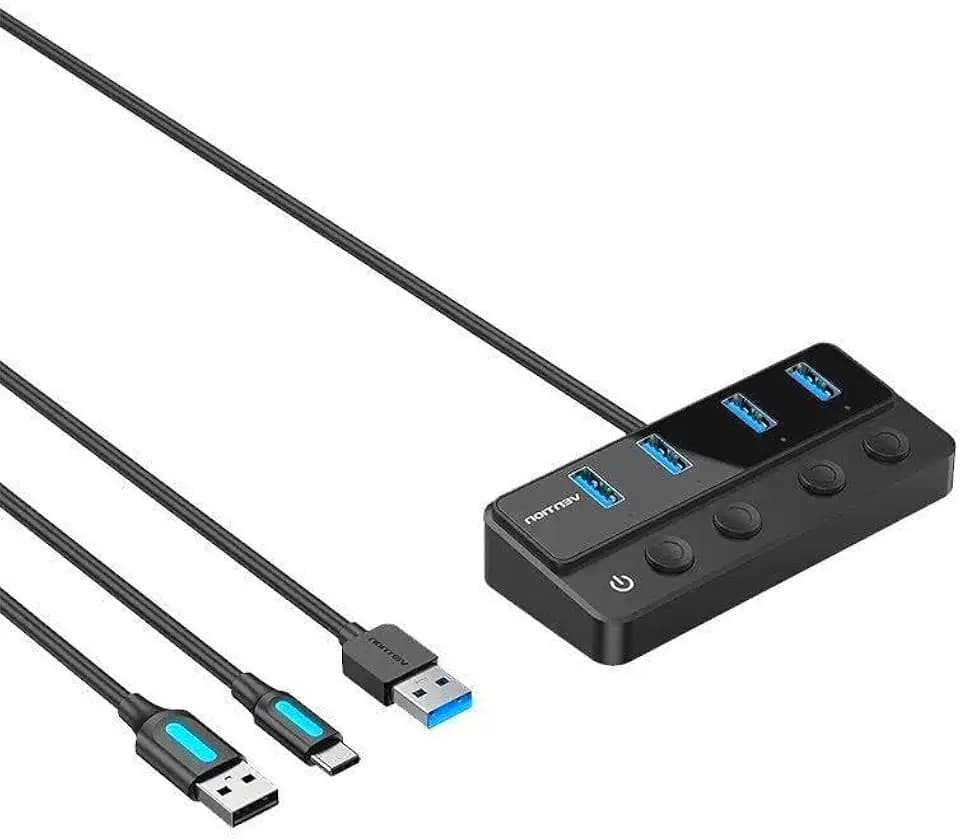 HUB 4 Ports 3.0 USB schwarz mit 4 USB-Ports und 1 USB-C PD Port, kompakte Maße und integriertes Kabel, entwickelt für: Anschluss mehrerer Geräte