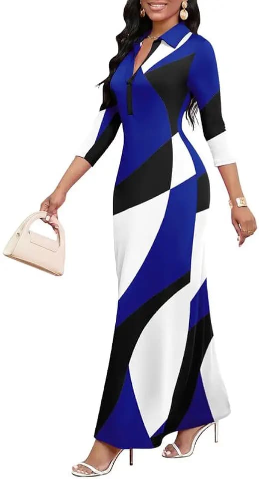 MarryUP Maxi Dress for Women Casual V Neck 3/4 Sleeve Bodycon Long Party Holiday Dresses Semi Formal Outfits