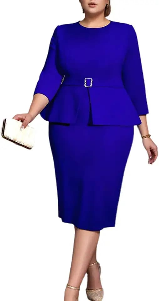 ONTINVA Plus Size Dress for Curvy Women Midi Church Wear to Work Bodycon Vintage Peplum 3/4 Sleeve Sheath Pencil Dress