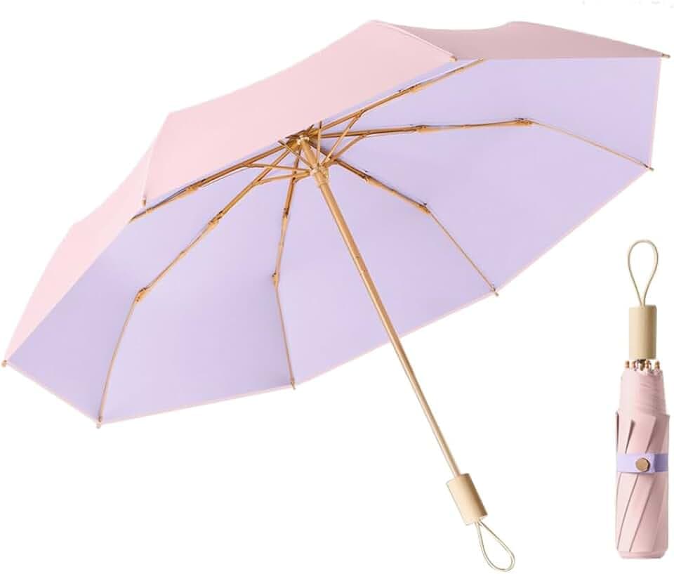 LCY Faltbarer Regenschirm, UV-Schutz, mit Holzgriff, sonnenfest, regenfest und winddicht