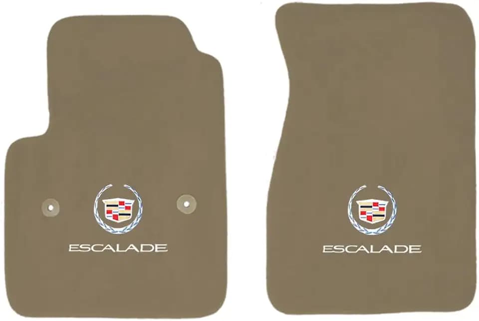 Custom Fit 2pc Front Carpet Floor Mats Compatible with 2015-2020 Cadillac Escalade Base Model with Silver “Escalade” Text & Crest & Logo on Both Mats - Tan