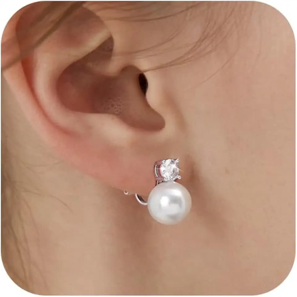 Awinesn Pearl Clip on Earrings for Women 14K Gold Silver Plated Pearl Earrings Cubic Zirconia Non Pierced Earrings for Women Jewelry Gifts Wedding Party