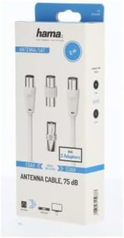 Hama TV-Antennenkabel + 2 Adapter – Koaxialkabel TV, 2 m, M/F, 75 Ohm, doppelt geschirmt 75 dB, Koaxialkabel Satellit, TV-Anschluss an TV-Wandstecker oder Decoder, Weiß