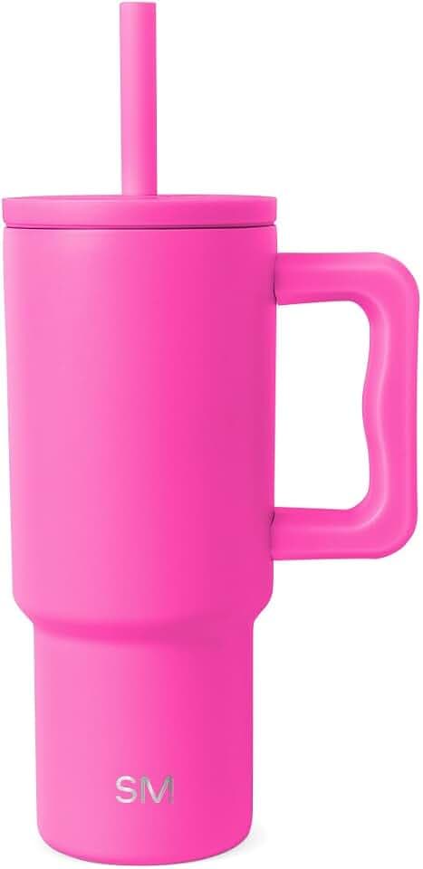 Simple Modern Thermobecher mit Silikonstrohhalm und Griff | Isolierter Edelstahl-Trinkbecher Eiskaffee-Reisebecher | Trek | 710ml | Raspberry Vibes