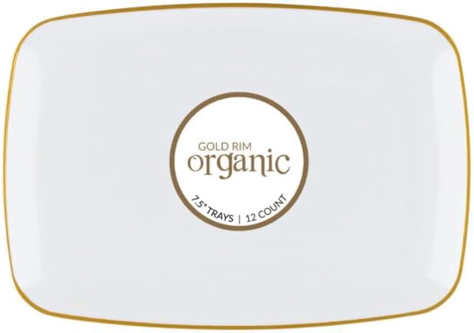 Organic Tray with White and Gold Rim, 7.5" - White/Gold, Plastic, Case Pack of 144 - For Catering, Buffets, and Parties