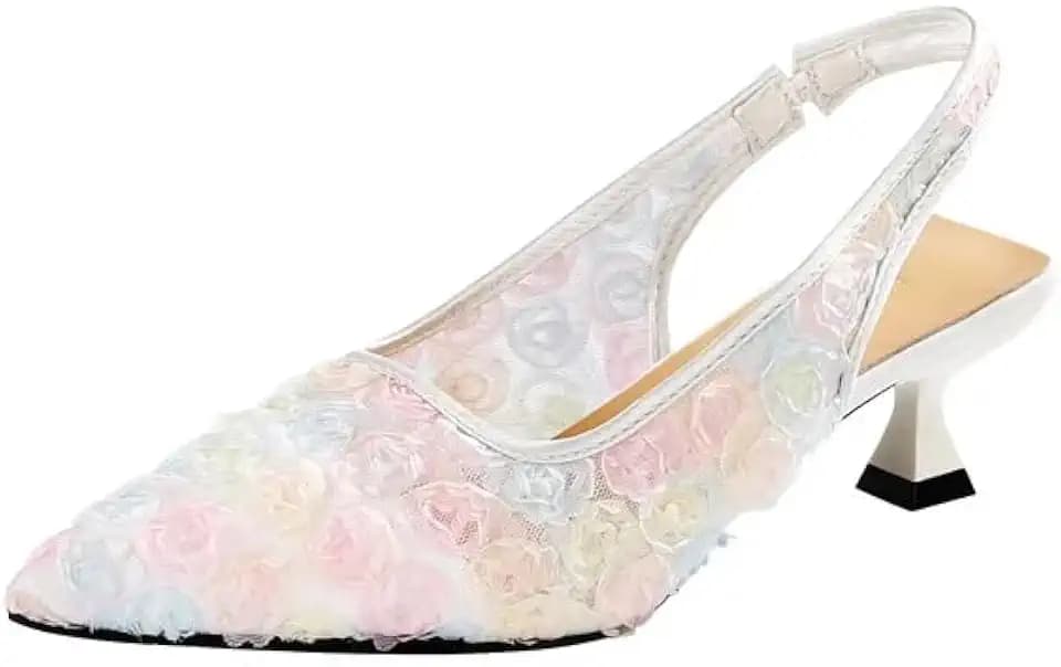 Elegant Lace Kitten Heels for Women - Slingback Pointed Toe Floral Mesh Dress Shoes - Low Heel Formal Wedding Guest Party Sandals