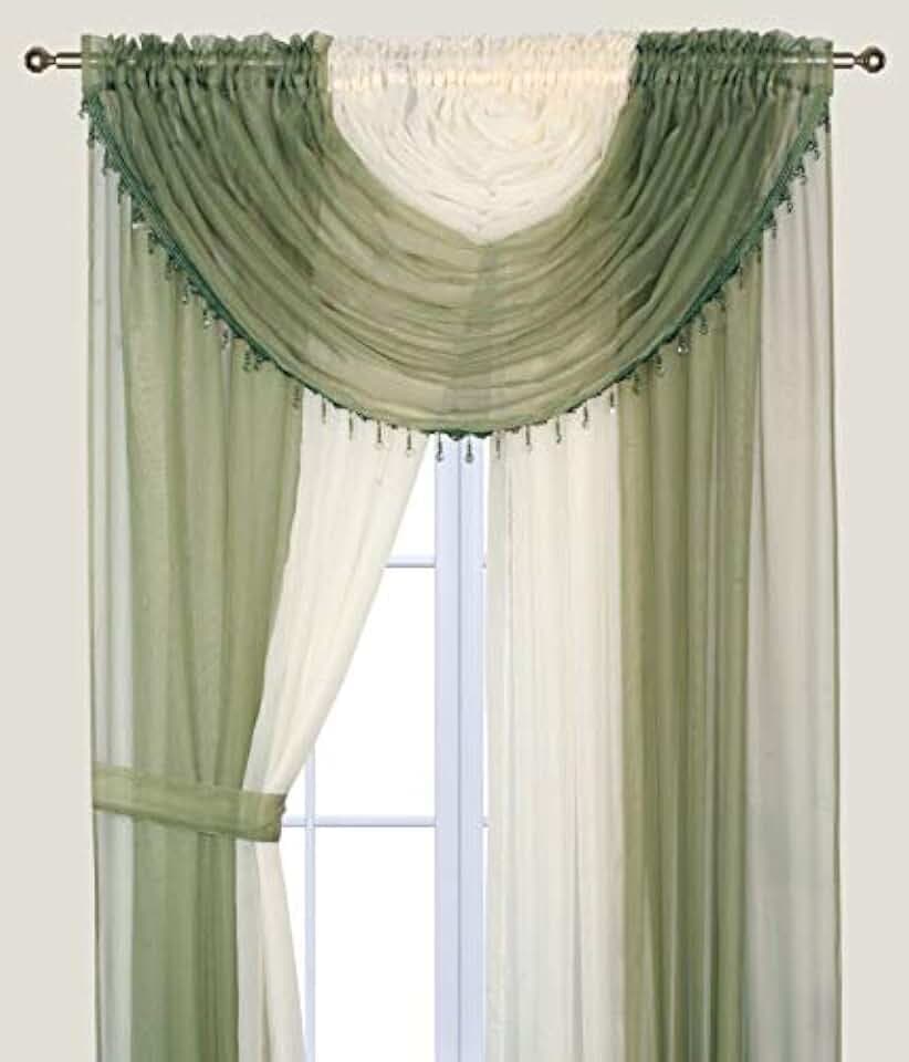 Elegant Home Complete Multicolor Window Sheer Curtain All-in-One Set with 4 Panels and 2 Valances With With Crystal Beads for Living Room, Dining Room, Or any other Windows- Laura (Sage Green / Beige)