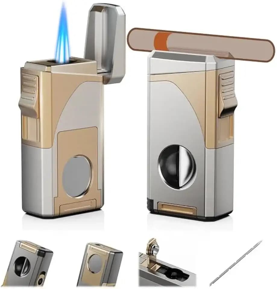 6-in-1 Torch Lighter with Built in V & Straight Tool, Holder, Punch, Draw Enhancer Tool, Windproof Triple Jet Flame, refillable Butane lighters, Multifunctional Accessories Gifts for Men, Travel