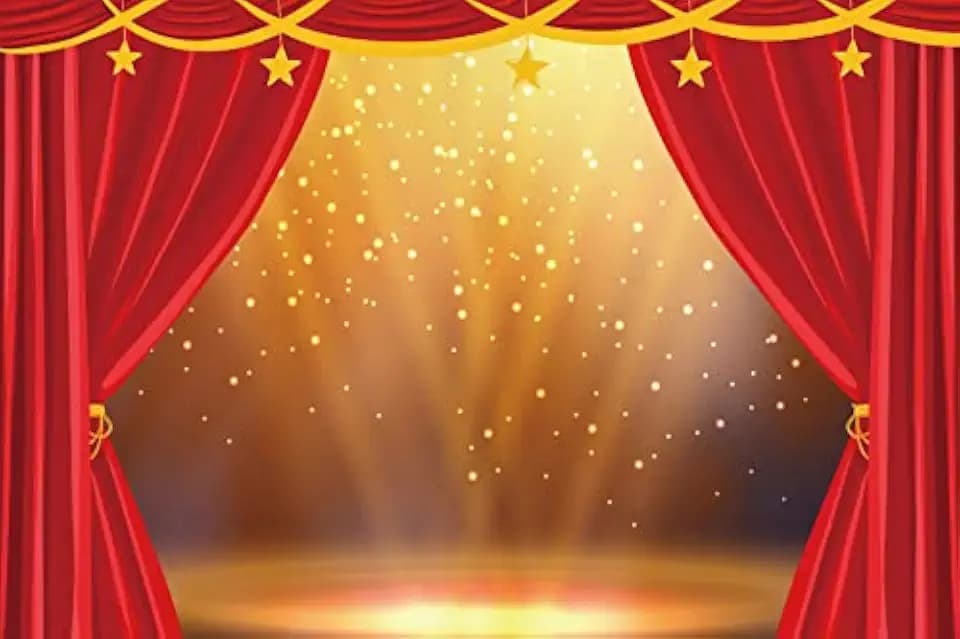 8x6ft Theater Red Stage Backdrop Golden Stage Lights Glitter Photography Background Red Curtains Golden Stars Festival Celebration Happy Birthday Party Children Adults Portraits Photo Studio Props