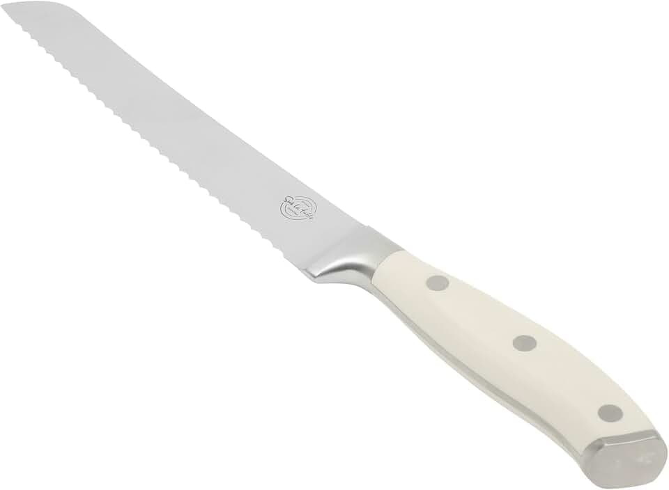 Sur La Table Kitchen Essential Tasting Kitchen German Steel Bread Knife, 8-Inch Stainless Steel Blade – Professional Kitchen Knife with White Handle and Forged Full Tang