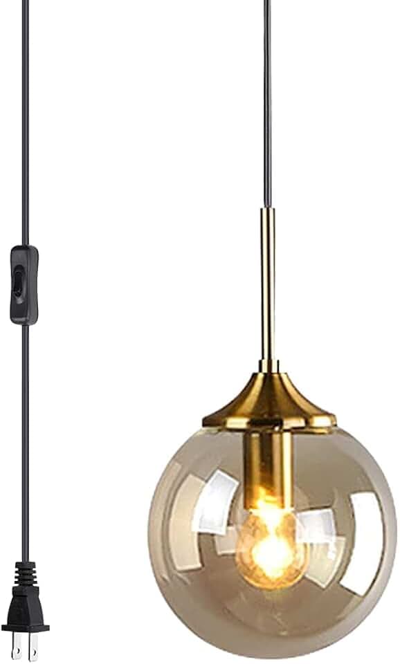 KCO Lighting Glass Globe Pendant Light Modern Plug in Pendant Light Fixture with Amber Lampshade Gold Brass Pendant Lighting for Kitchen Island Entryway Dining Room (Amber)