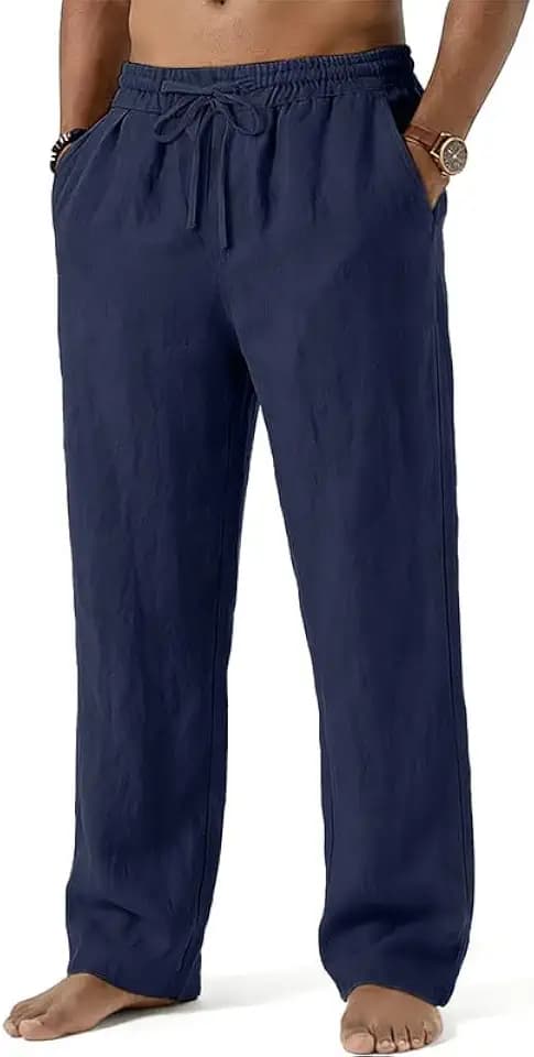 Mens Cotton Linen Pants Summer Beach Pant Loose Fit with Drawstring