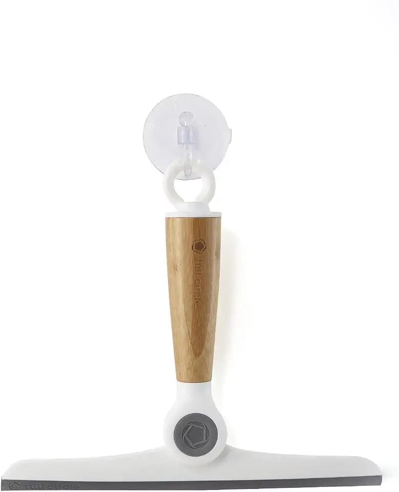 Full Circle Hang Tight Pivoting Shower Squeegee, Bamboo Handle, White