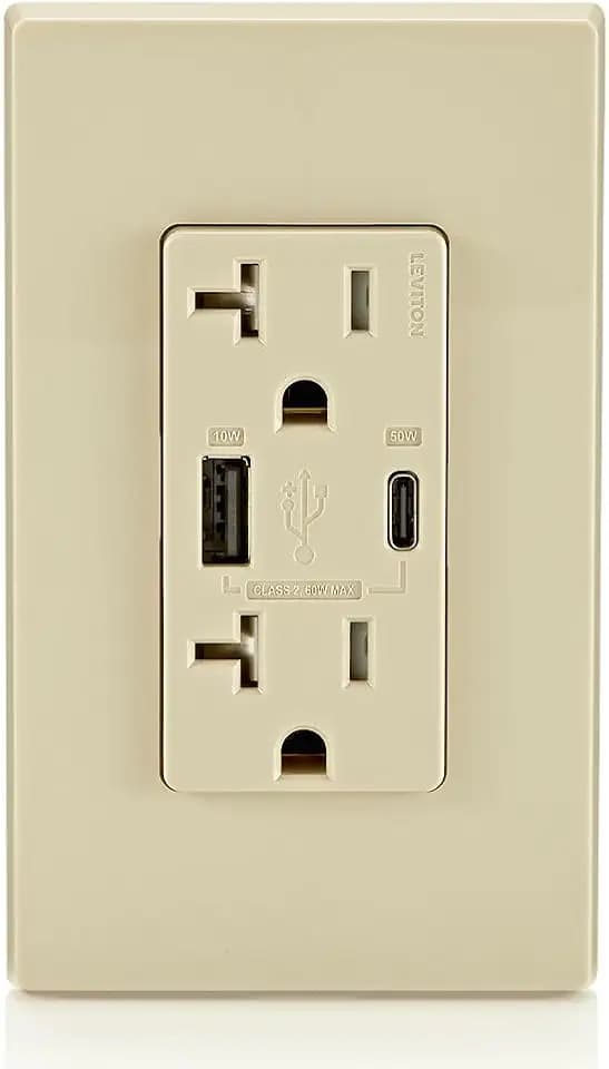Leviton T5834-I 60W (20V@2.5A+ 5V@2A) USB Dual Type A/Type-C Power Delivery in-Wall Charger with 20A Tamper-Resistant Outlet, USB Charger for Smartphones, Tablets, Laptops, Ivory