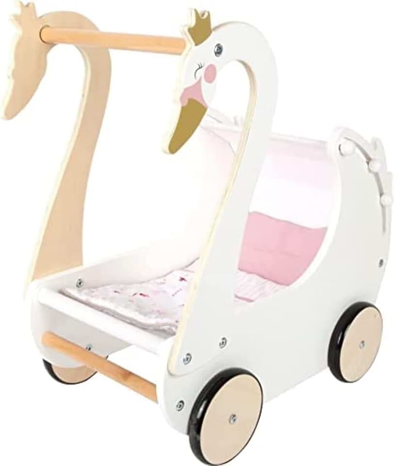 small Foot Puppenwagen Schwan aus Holz, inkl. Wendebettwäsche, für Puppen und Plüschtiere bis 46 cm, ab 3 Jahren, 12283