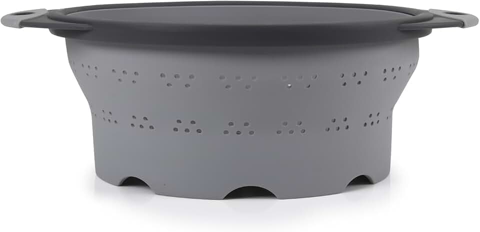 Dexas 10" Collapsible Silicone Colander in Cool Grey, Kitchen Strainer with Handles, 15.1 Cup Capacity | BPA-Free, Heat-Resistant, Space-Saving Kitchen Tool