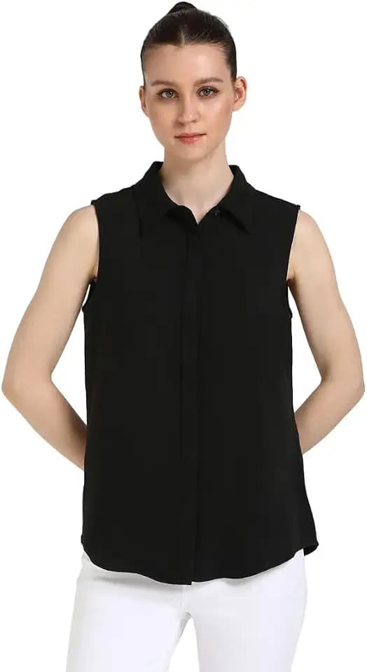 Calvin Klein Jeans Womens Crepe Sleeveless Button-Down Top