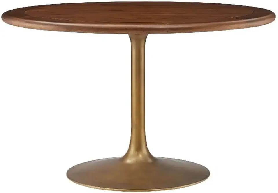 Modway Lippa 48 Inch Round Wood Dining Table with Metal Pedestal in Brass Walnut - Modern Industrial Dining Table for 4 People - Solid Wood Tulip Kitchen Table