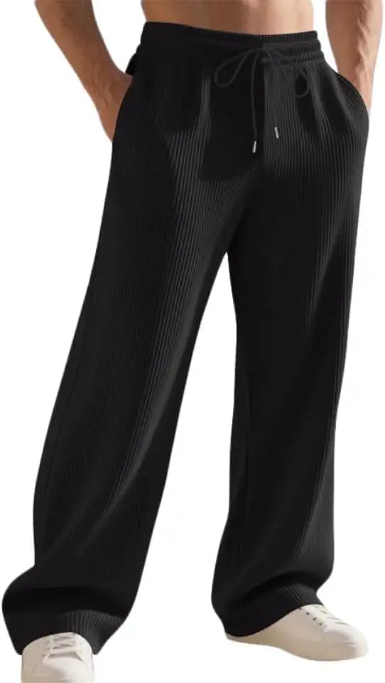 Men's Textured Casual Pants, Relaxed Fit Elastic Waist Drawstring