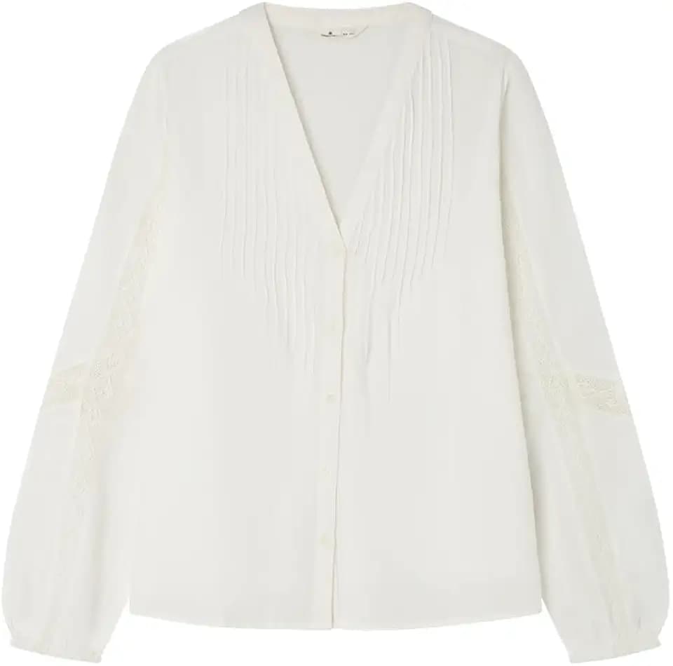 Springfield Damen Long Sleeve Blouse with Pintucks and Laces On Sleeves Bluse mit Langen Ärmeln