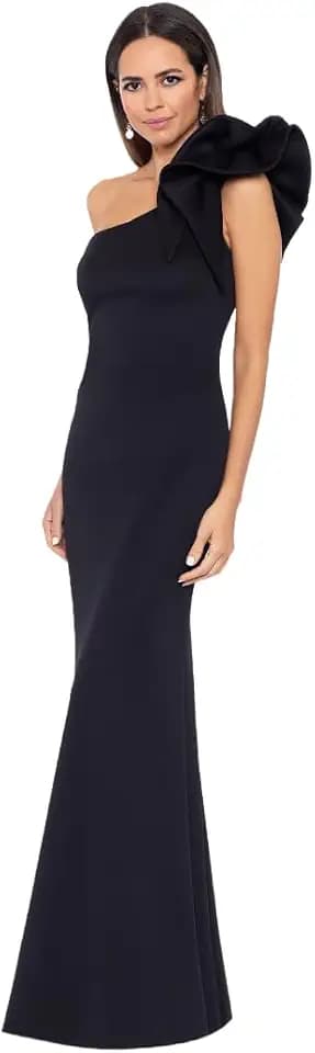 Betsy & Adam Women's Floor Length One Shoulder Fit and Flare Evening Gown with Oversized Satin Bow Detail, Black, 4