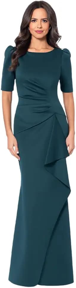 Xscape Women's Short Sleeve Beaded Illusion Neckline Ruched Gown