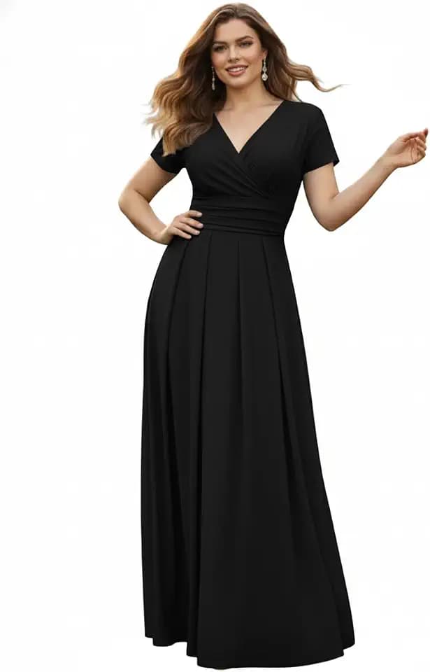 KOH KOH Womens Long Pleated Cap Sleeve Faux Wrap V-Neck Modest Maxi Dress