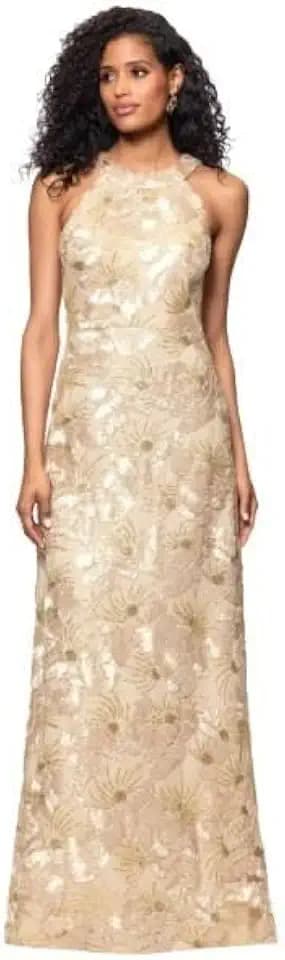 Betsy & Adam Women's Embroidered Soutache Lace Halter Floor Length Dress