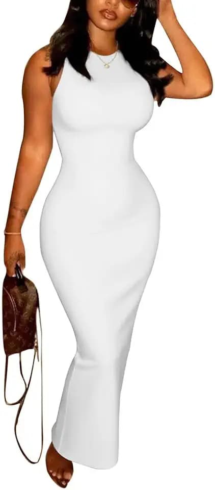 PINSV Women's Sleeveless Crew Neck Bodycon Maxi Dress - Stretchy Form Fitting Long Dress for Casual Daily Party
