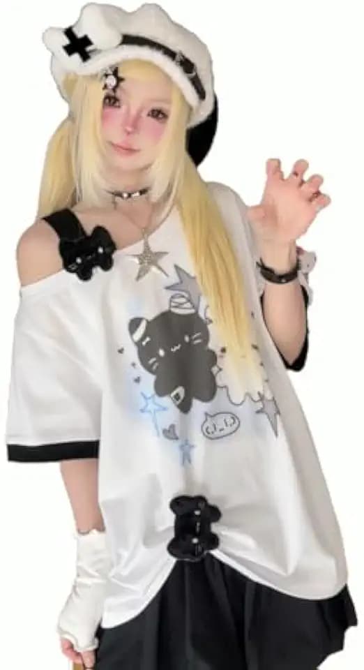 Y2k Kawaii Shirts for Women Cartoon Graphic Cute Cat Tees Off Shoulder Cutecore Shirts Harajuku Fashion Top