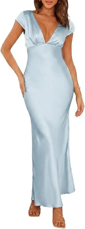 Halfisland Womens Summer Satin V Neck Cap Sleeve Midi Dress Wedding Guest
