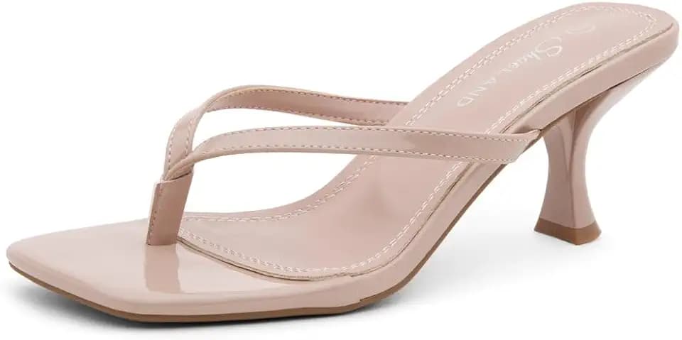 Shoe Land Kitten Heels for Women, Square Open Toe Thong Sandals, Slip On Heeled Sandals, Flip Flop Style, Dressy Summer Heels for Party Date Night