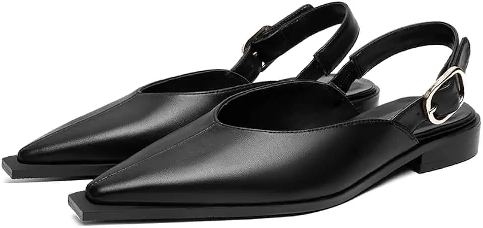 Beauty Cry Slingback Flats for Women Pointed Toe Mule Shoes Buckle Strap Low Chunky Heel Comfortable Dressy Pointy Sandals