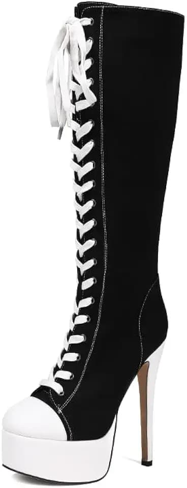 Feinlina Wome's Canvas Lace Up Knee High Platform Stiletto Heel Boots