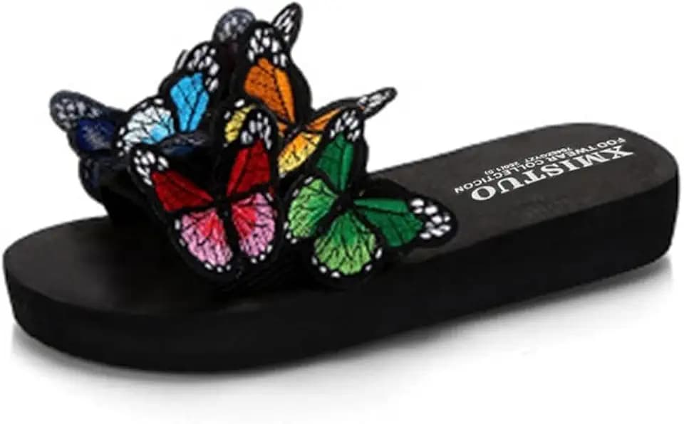 MIOKE Summer Flat Slide Sandals For Womens Butterfly Platform Low Heel Comfy Nonslip Casual Beach Sandals