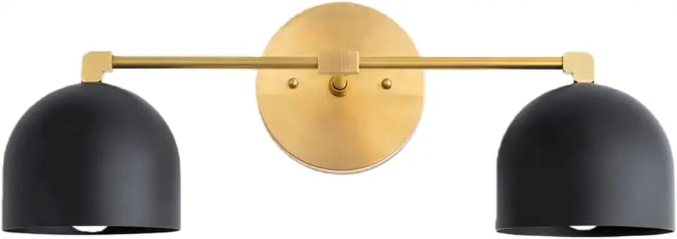 Bathroom Lighting, a Dual-lamp Black and Gold Mirrored Wall Sconce with a Brass Base and Black Frosted lampshade, Suitable for hallways, bedrooms, Living Rooms and Other Areas。