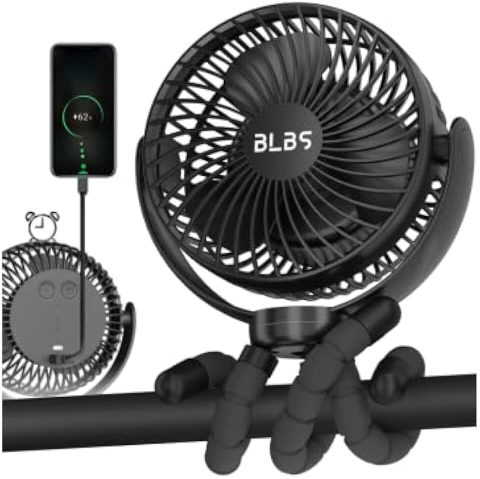 Stroller Fan - 65Hrs 12600mAh Rechargeable, Timing Car Seat, Portable Clip On Battery Operated for Baby, Peloton, Treadmill, Golf Cart, Beach, Bed, Dog
