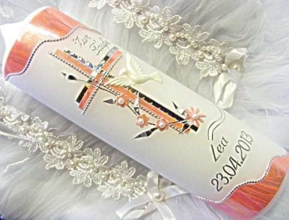 Taufkerze Kommunionkerze Junge Mädchen 250/70 mm VT-12 inkl. Zubehör für selbstbeschriften, Weiß-rosa