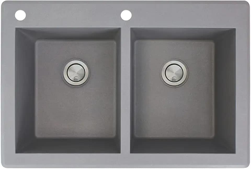 Transolid RTDE3322-17-CA Radius 33-in W x 22-in L silQ Granite Drop-in Double Bowl Kitchen Sink with 2 CA Faucet Holes in Grey
