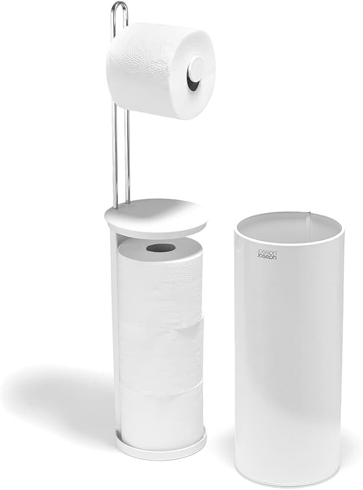 Joseph Joseph EasyStore Toilet Paper Holder Stand, Concealed Storage, Holds 3 Spare Rolls, Gloss White