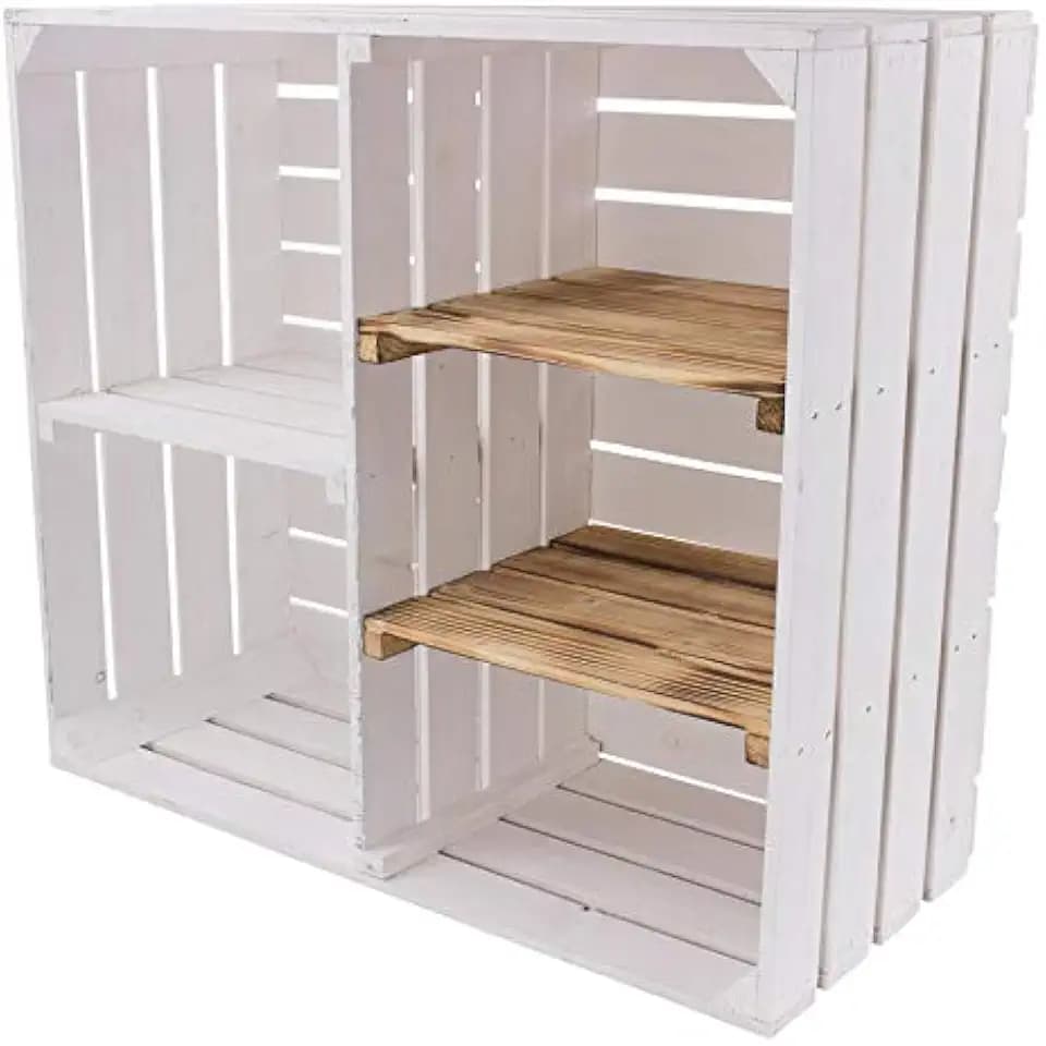 1x Vintage-Möbel 24 Shabby Chic Holzschrank weiß mit 3 Mittelbretter (geflammt) und Trennbrett 77cm x 68cm x 35cm Deko Holzkisten Obstkisten Weinkisten aus dem Alten Land Obstkisten Schuhregal Schrank