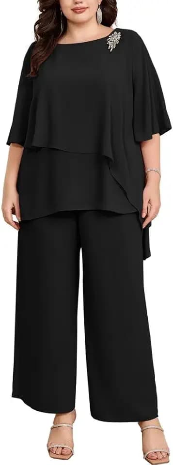 Hanna Nikole Damen Große Größen Chiffon Abendanzug Sets Cocktail Party Festlich Elegant 2-Teiliges Set Shirt Und Hohe Taille Hosenanzug Zweiteiler