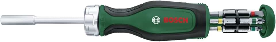 Tournevis à cliquet avec 12 embouts Bosch (tournevis à cliquet à couple élevé pour vissages exigeants ; magasin d’embouts amovible ; porte-embout magnétique) - Amazon Edition Vert