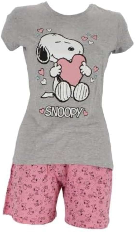 The Peanuts Schlafanzug Damen Snoopy Frauen Pyjama Set Kurzarm Nachthemd Oberteil Hose Sommer Freizeitanzug Gr. M L XL (DE/NL/SE/PL, Alphanumerisch, M, Regular, Regular, Grau-pjs)
