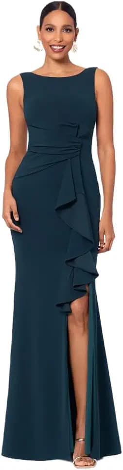 Betsy & Adam Women's Floor Length Metallic Crinkle Knit Sleeveless High Neck Ruched Column Evening Gown