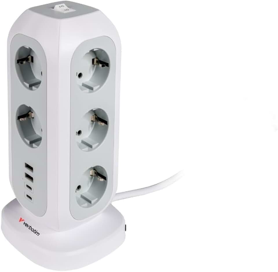 Verbatim EU Steckdosenturm 15-in-1, Mehrfachsteckdose mit 11 Euro-Steckdosen, 2 USB-C und 2 USB-A Anschlüssen, Multisteckdose mit Schalter und 2 m Verlängerungskabel, max. 3600 W