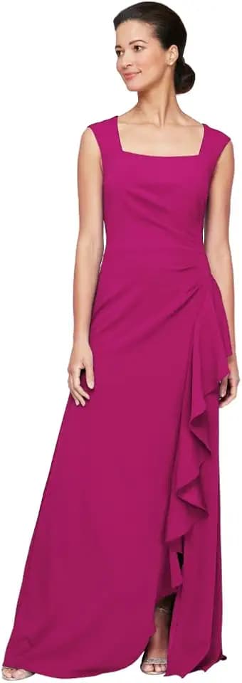 Alex Evenings Women's Long Cascade Ruffle Sleeveless Gown with Leg Slit, Mother of The Bride Dress, Elegant Party Gown