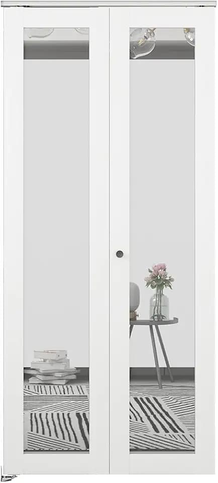 30 in. x 80 in. Mirrored Glass Solid Core White Composite Bi-fold Door with Hardware Kit and Door Handle