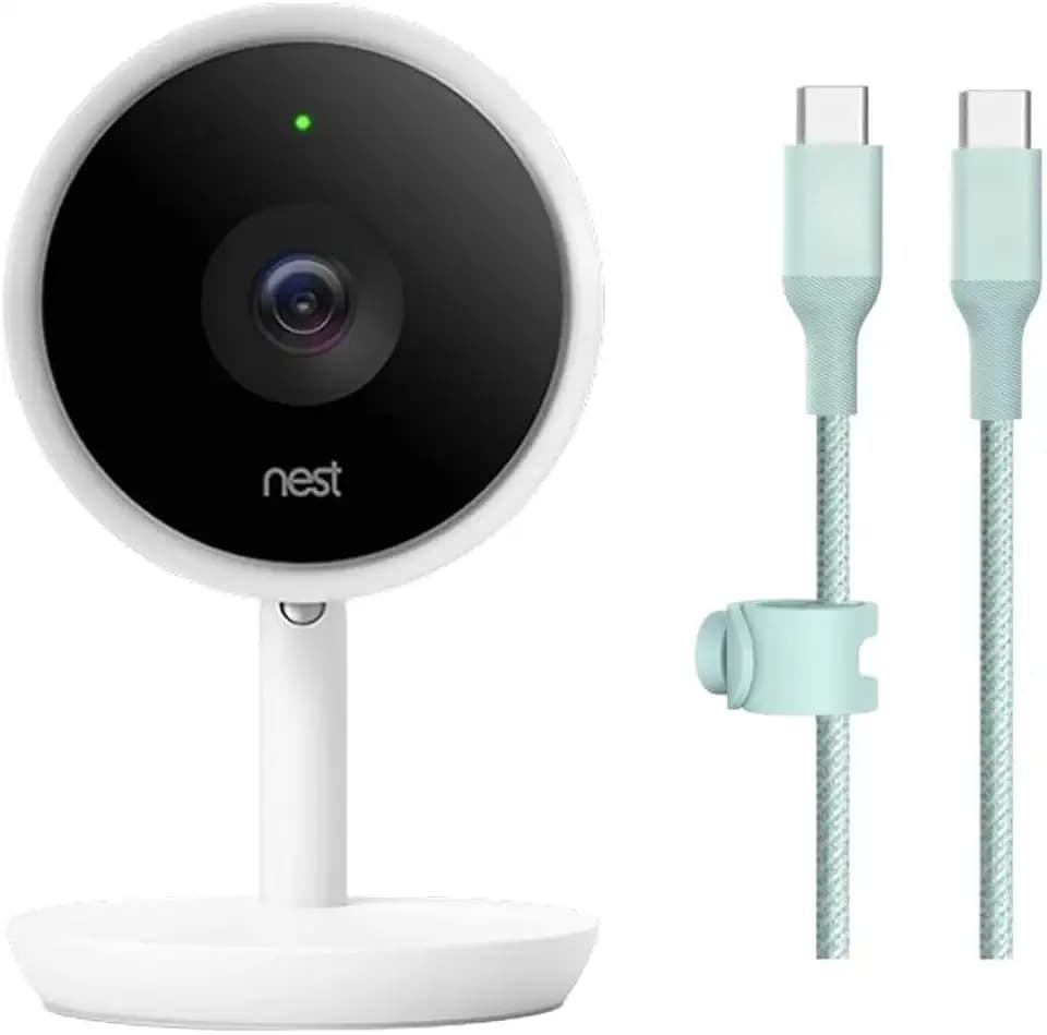 Google Nest Cam IQ Indoor Security Camera – Replacement Unit – 4K Sensor, 1080p HD, Supersight, Assistant – White – Includes Camera Only + 10 FT USB-C to USB-C Cable